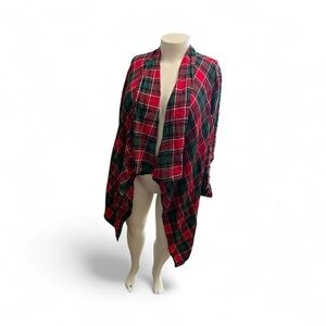 Cato Red Green Plaid Open Front Waterfall Shark Bite Cardigan Size 22/24